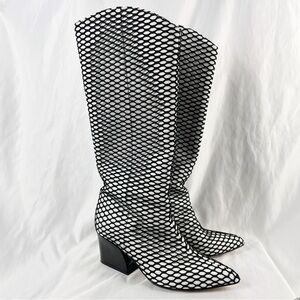 Tibi Logan Western Tall Knee High Fishnet Cowboy Boot White Black EU 37 Casual